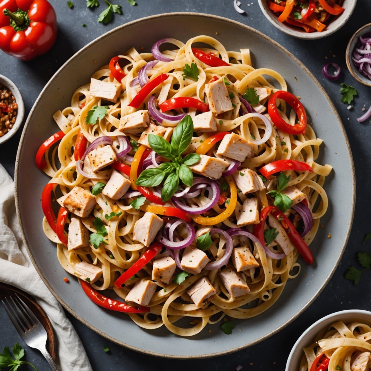 Fettuccine med kylling, rødløk og paprika