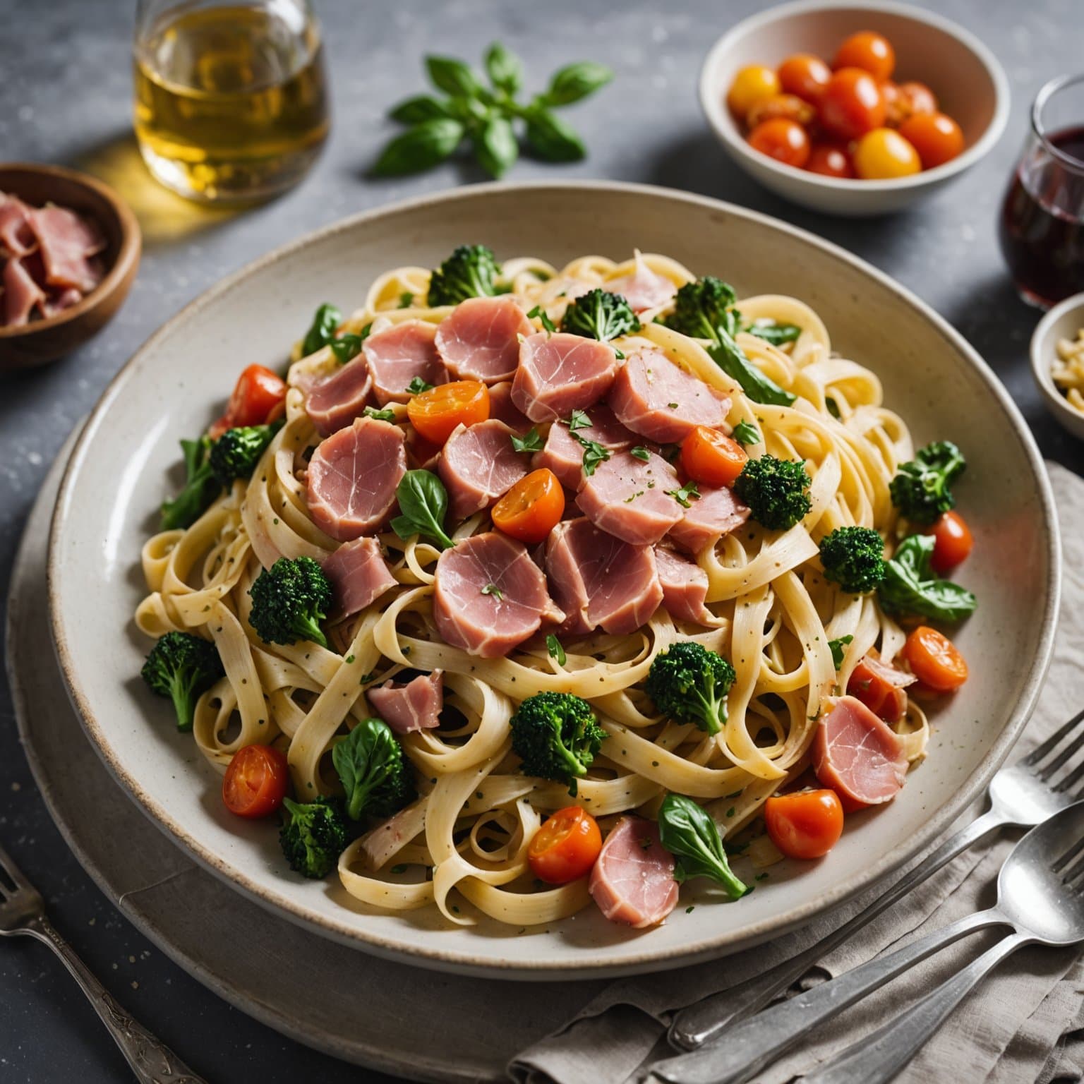 Fettuccine med landsskinke og grønnsaker