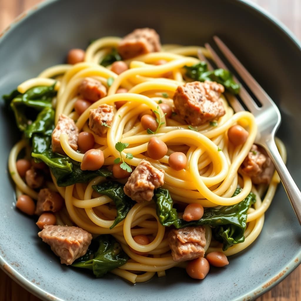 Fettuccine med svinekjøtt, grønnsaker og bønner