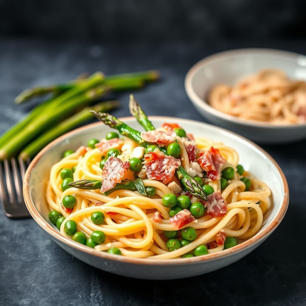 Fettucine med erter, asparges og pancetta