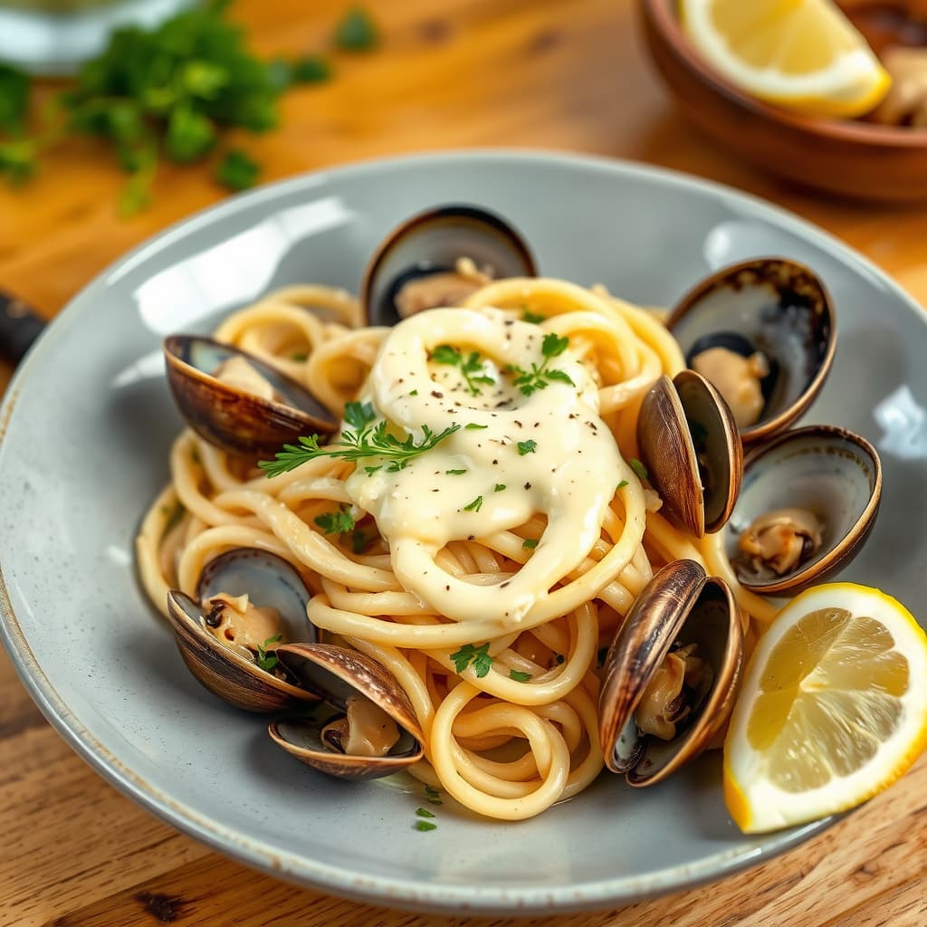 Fideer med blåskjell og hvitløksmajones