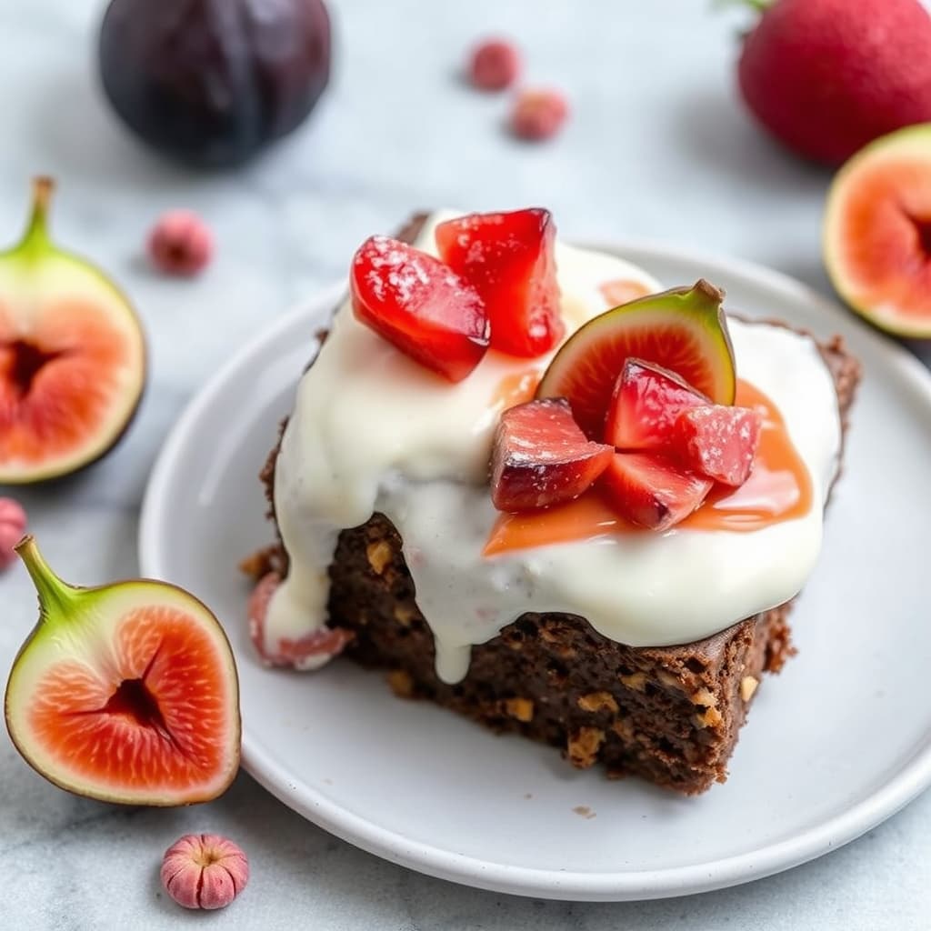 Fig- og valnøttbrownie med jordbærpoprock-karamell og geitostglasur