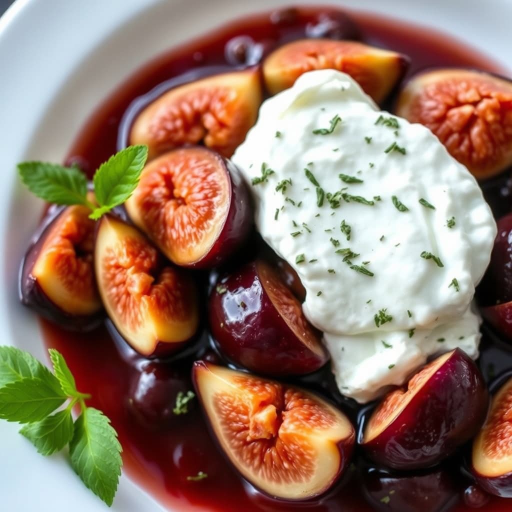 Fiken i rødvin med urtet geitost