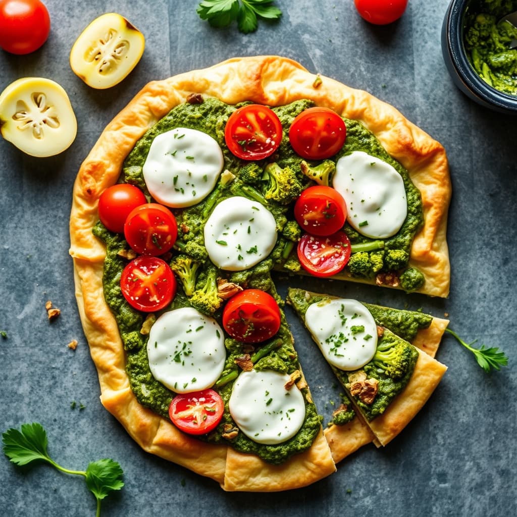 Filo-pizza med brokkoli-pesto, tomater og geitost