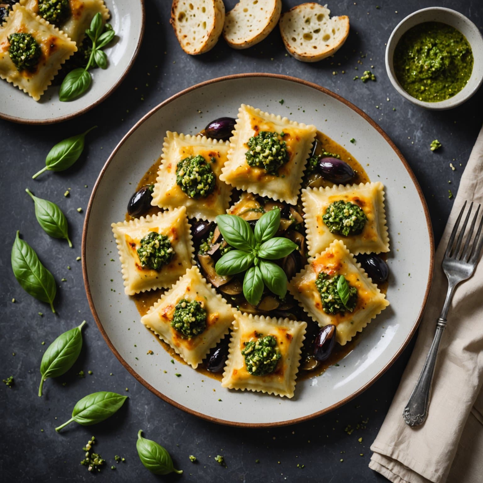Fire oste-ravioli med aubergine og marjorempesto