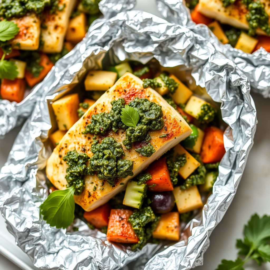 Fisk og grønnsaker med pesto, bakt i aluminiumsfoliepakker