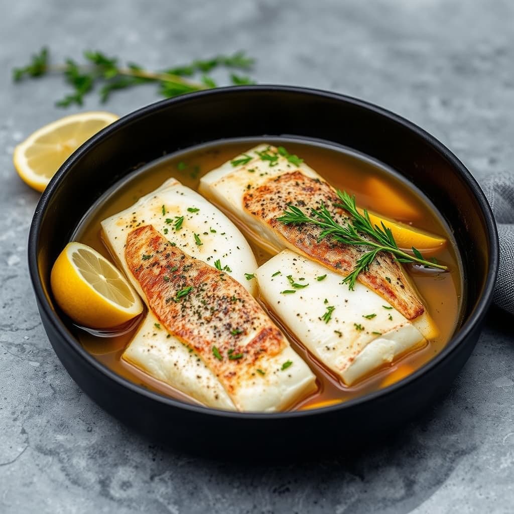 Fiskefileter i et bad av hvitløk