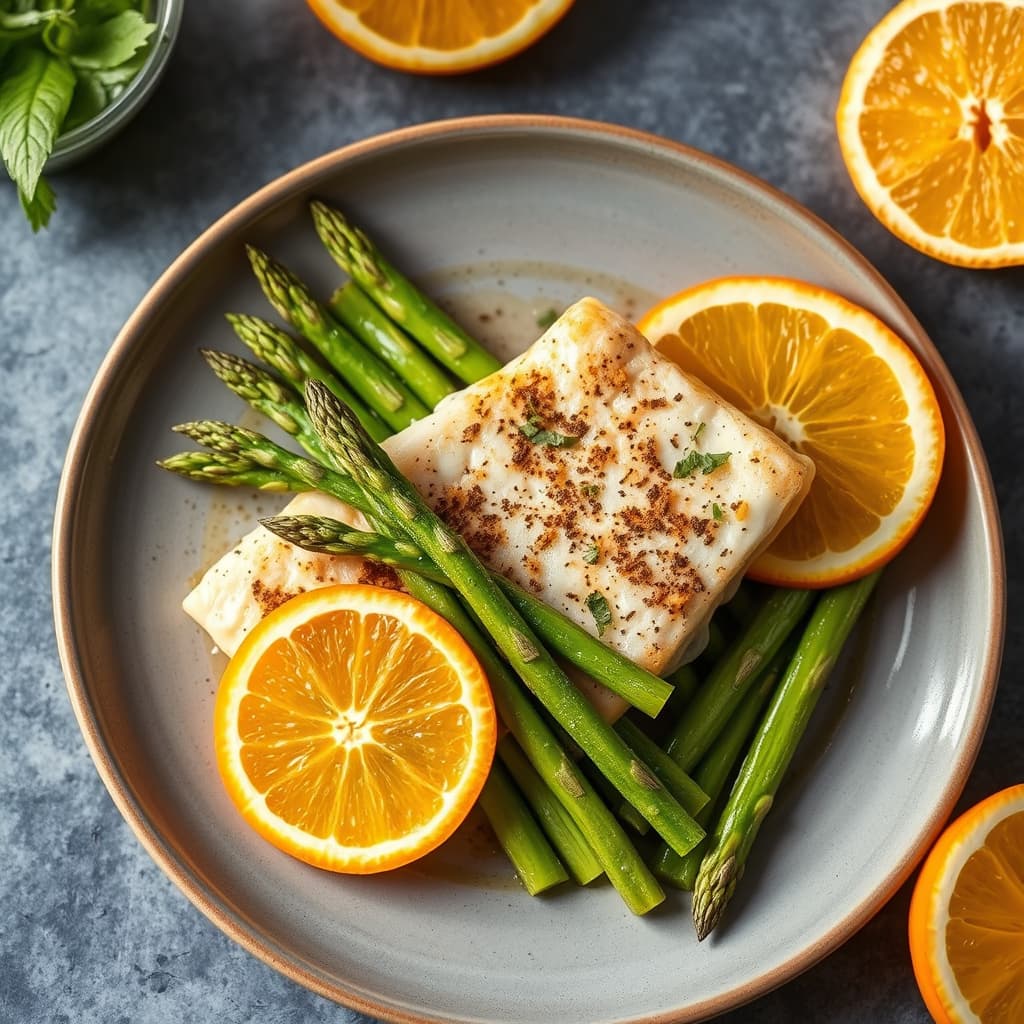 Fiskefileter i pergament med asparges og appelsin