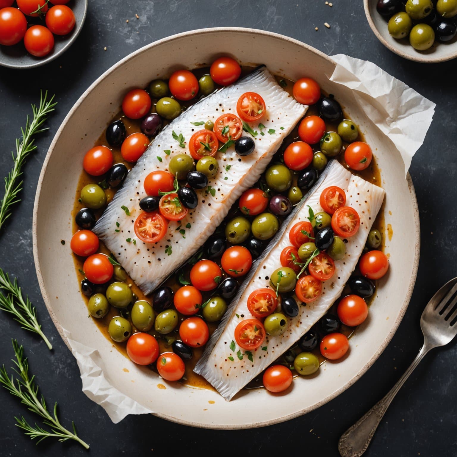 Fiskefileter med tomater og oliven i pergament