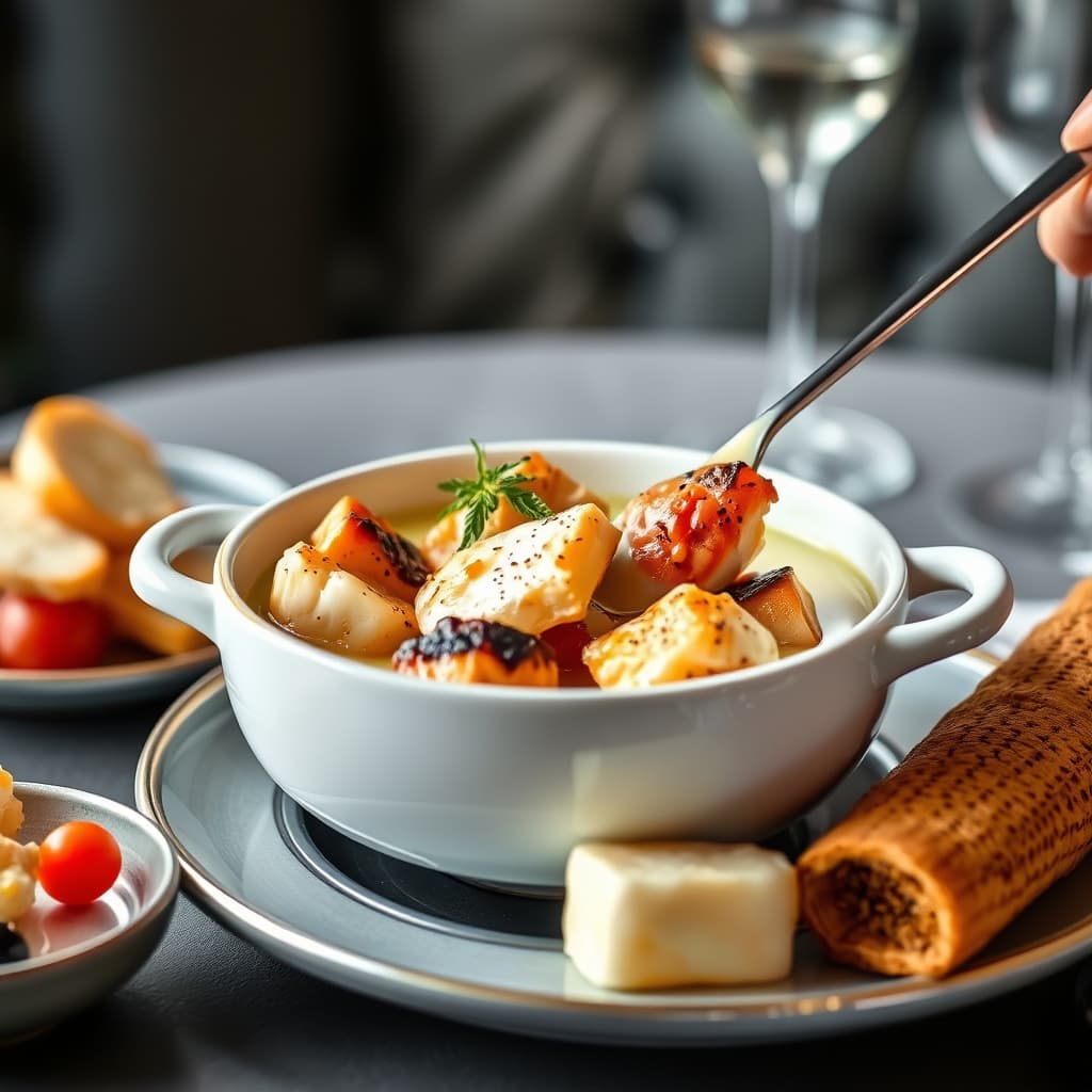 Fiskefondue (hotellets spesialitet ved Hotel St. Gotthard)