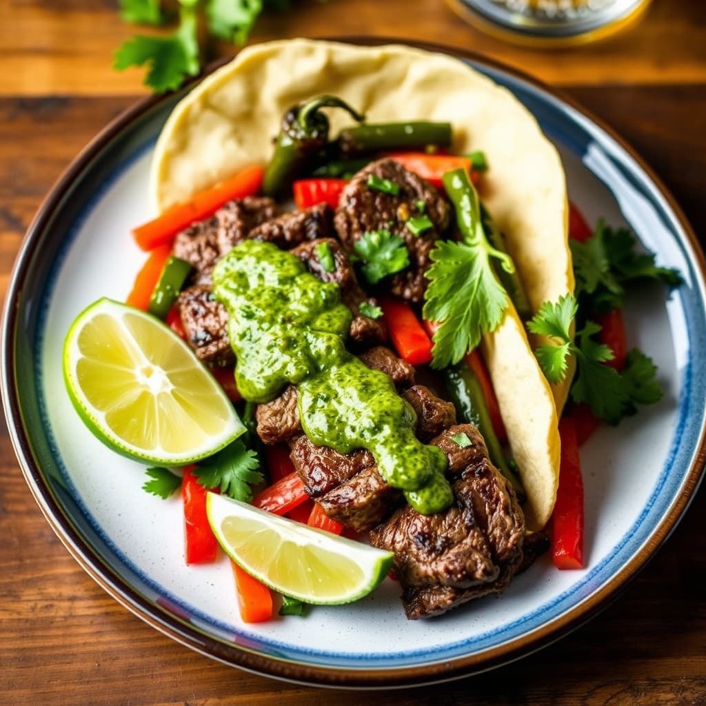 Flankesteik fajitas med chimichurri og berusede paprika