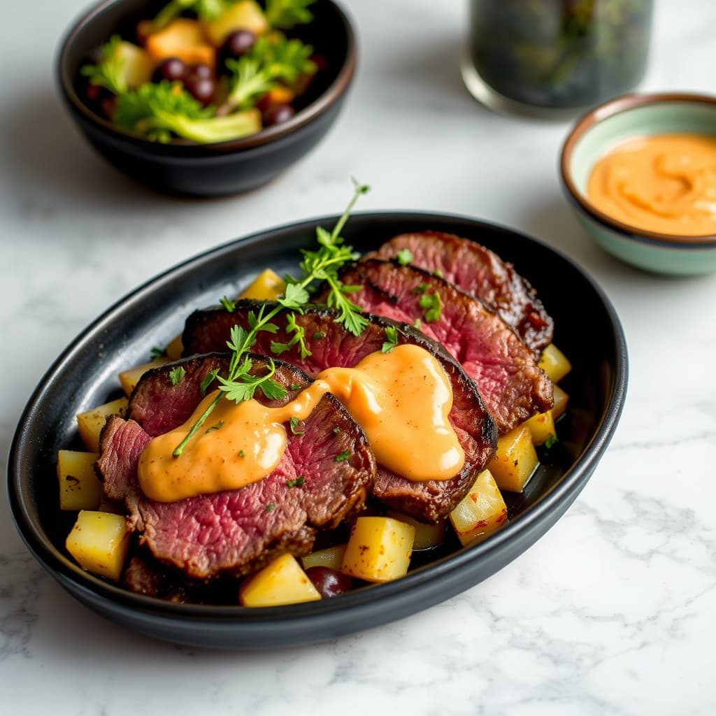 Flankestek med artisjokk- og potethash og Aleppo-peppersaioli