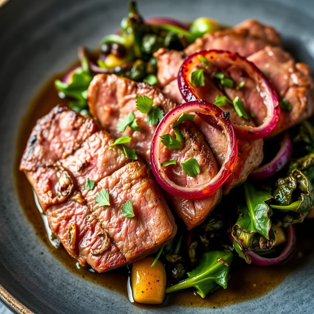 Flankestek med bitre grønnsaker og forkullet rødløk
