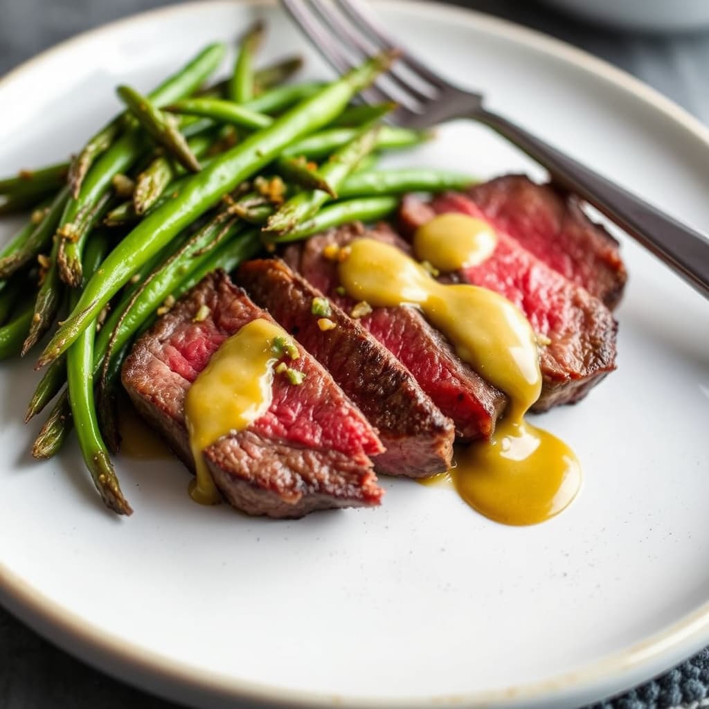 Flankestek med sautert edamame og wasabi-sennepsdressing