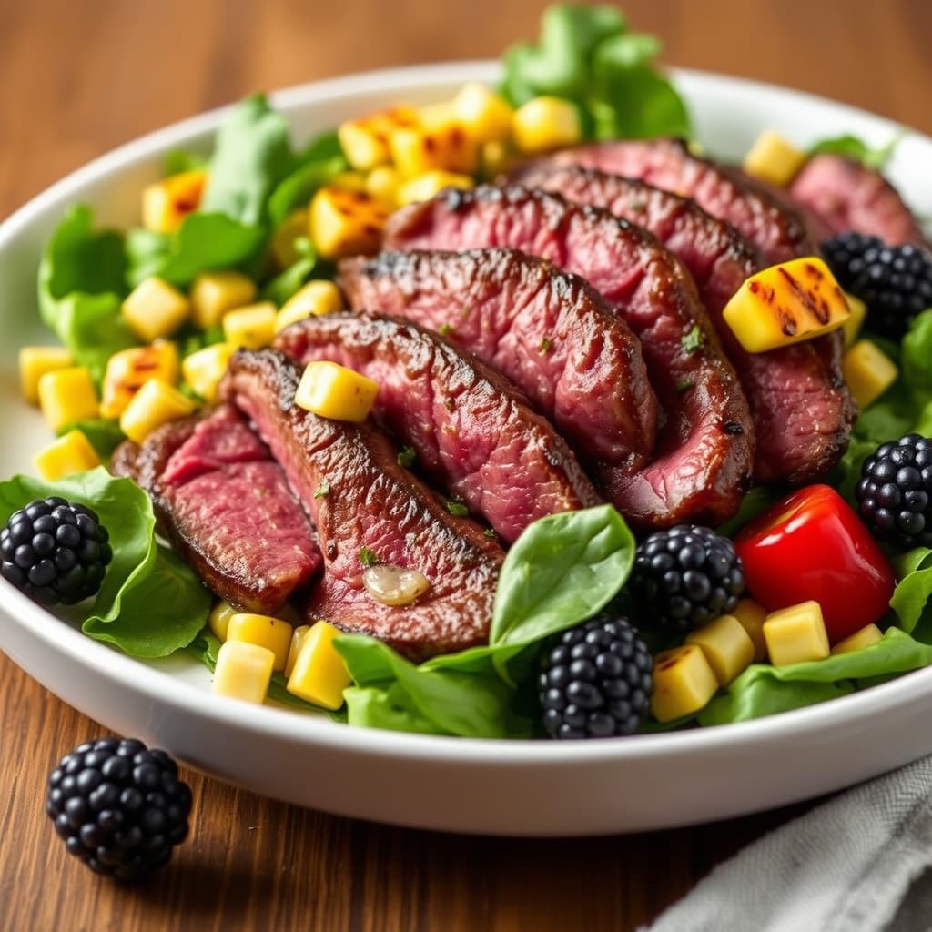 Flanksteiksalat med grillet mais og bjørnebær