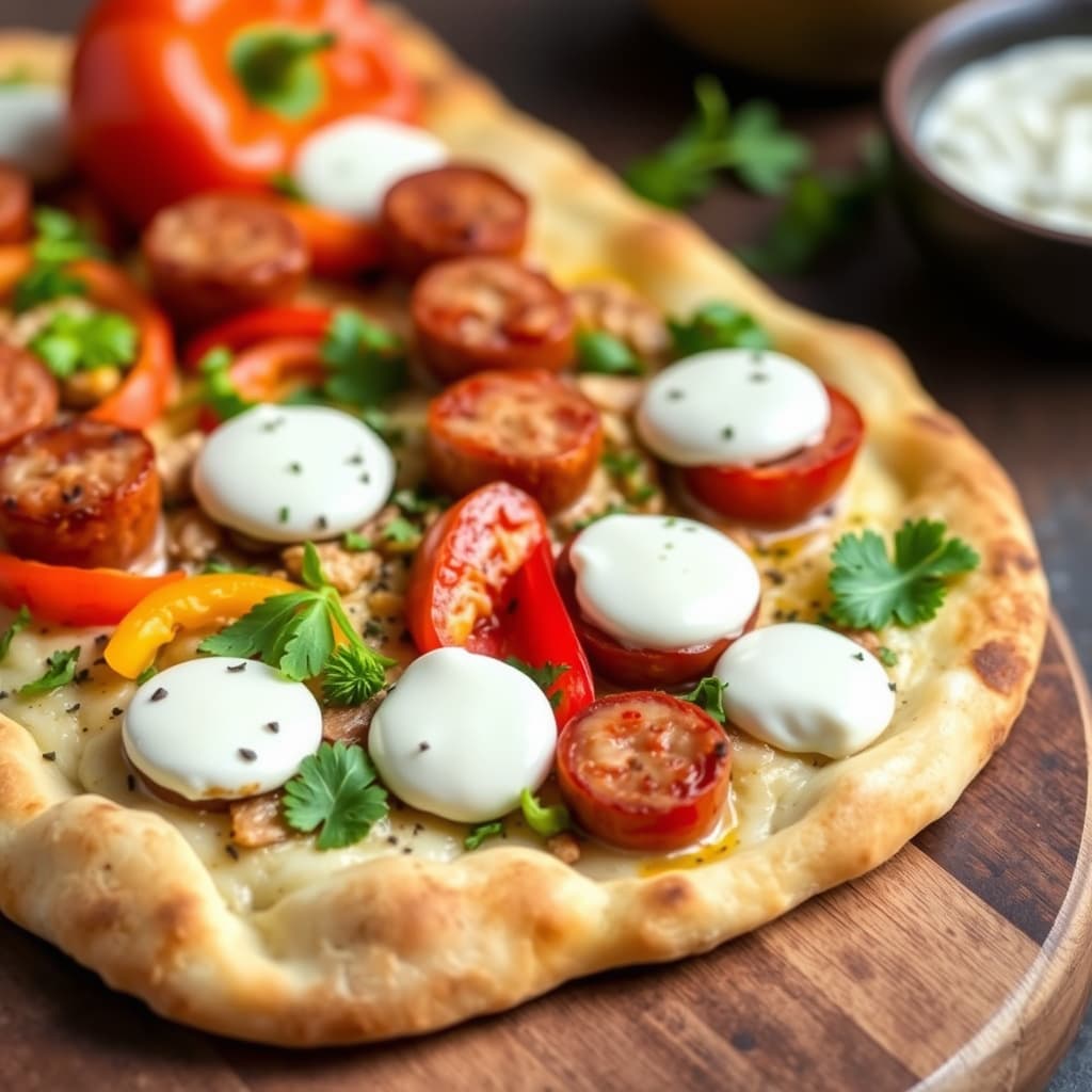 Flatbrød med pølse, paprika og asiago