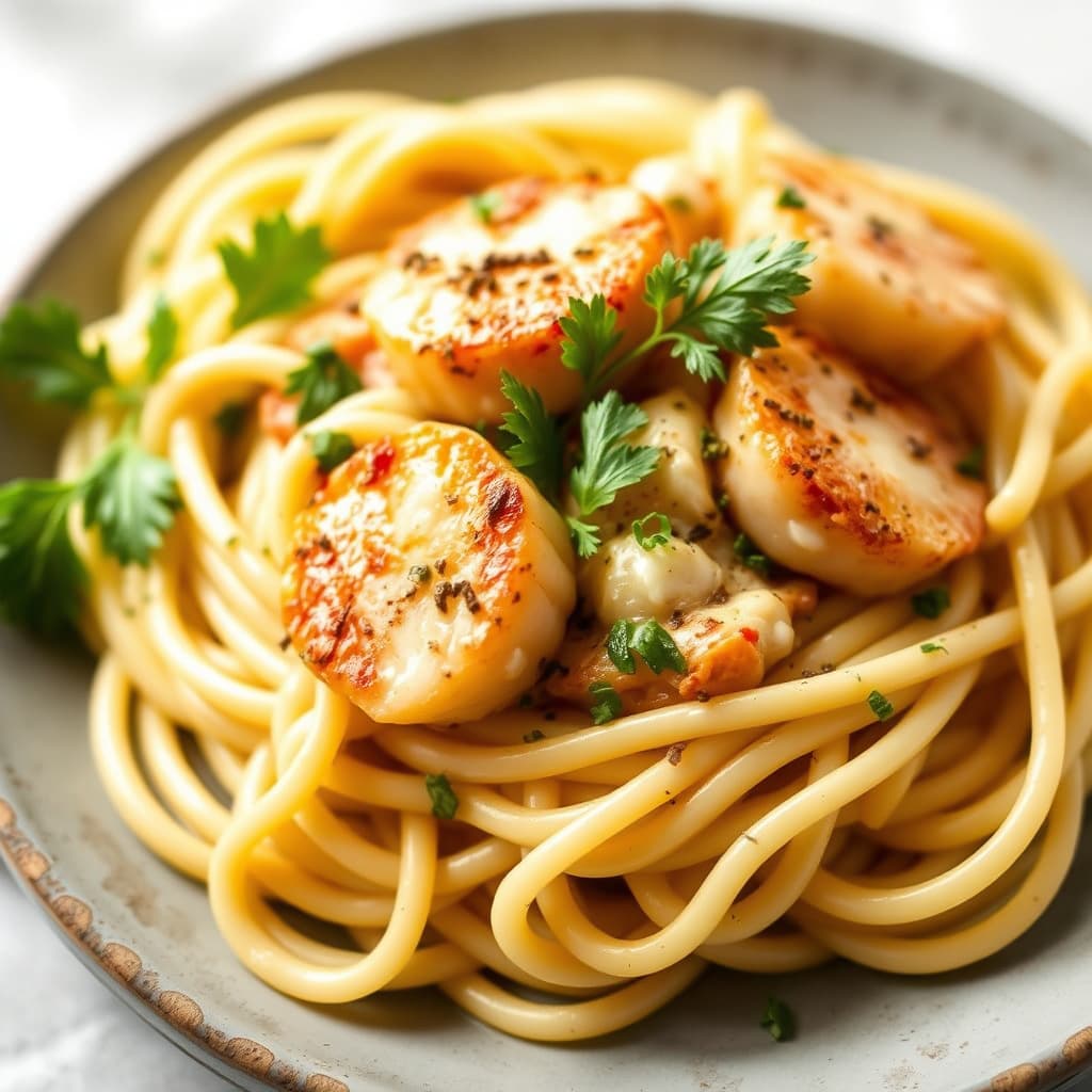 Florentinsk scampi med scallop og fettuccine