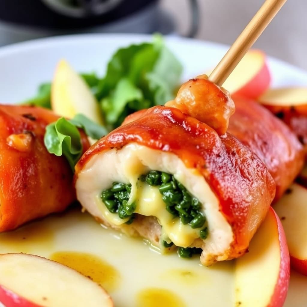 Fondue Dippers: Kylling innbakt i bacon med spinat, blancherte grønnsaker og epler