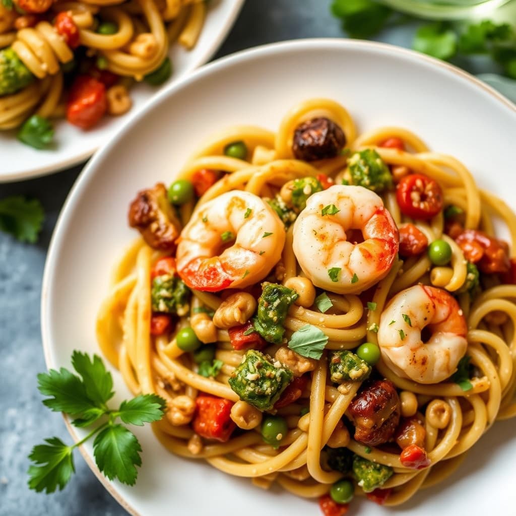 Forhåndslagde reker- og grønnsakspenne med penne