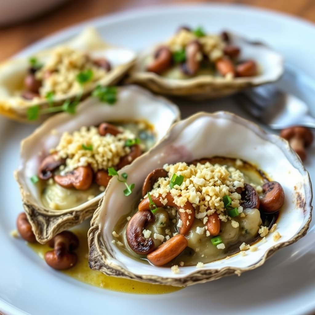 Frank's bakte østers med sopp, hvitløksbrødsmuler og Romanoost