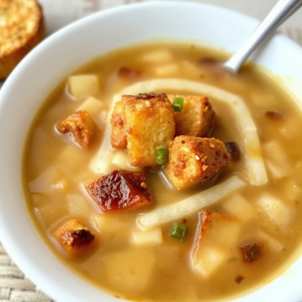 Fransk løksuppe med bagelbrød-puddingkrutonger