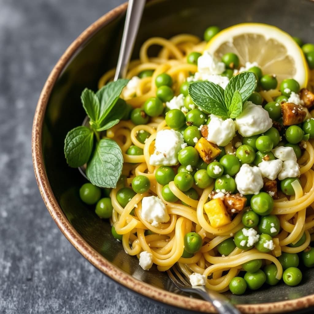 Fregola med grønne erter, mynte og ricotta