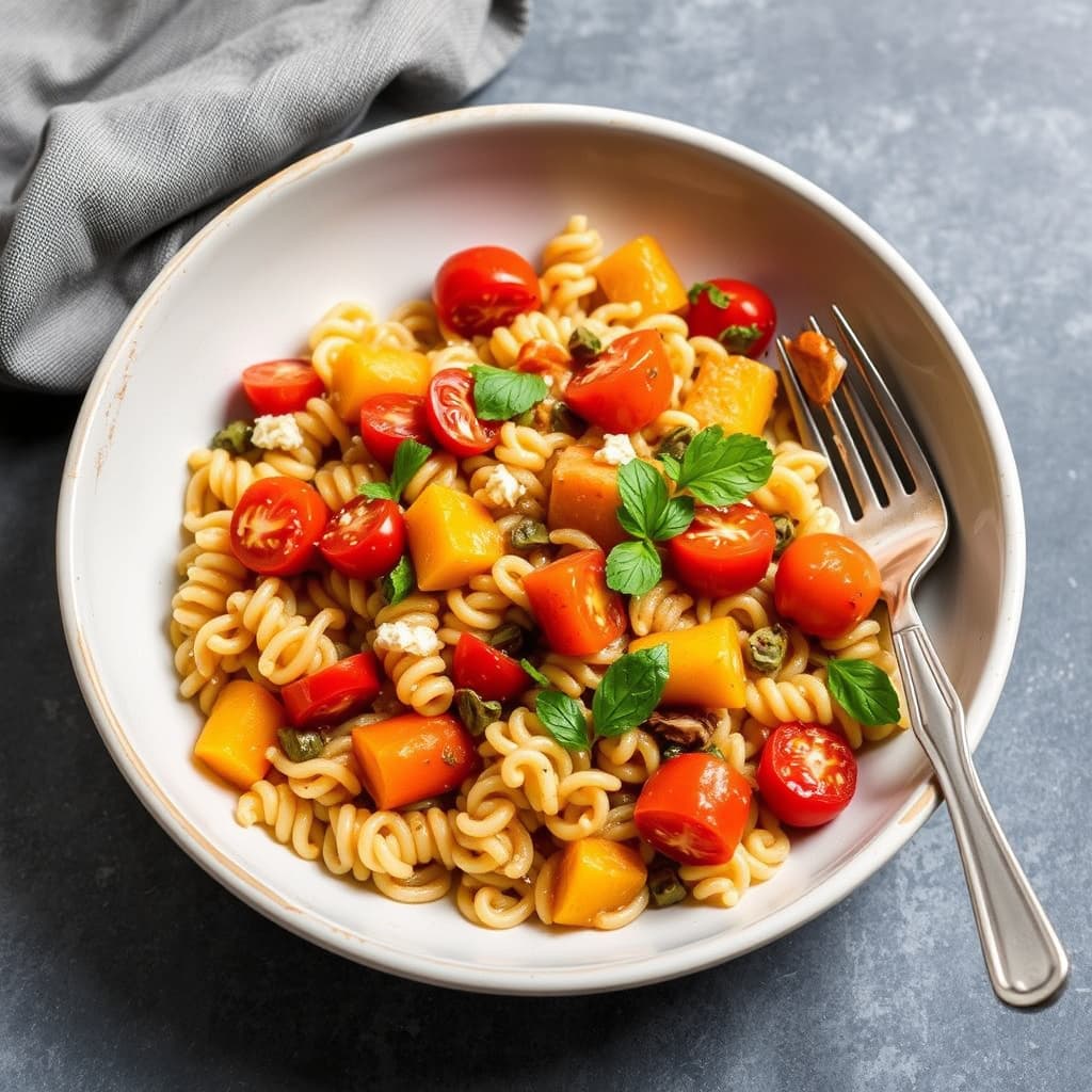 Fregula med braisert butternut squash og tomater