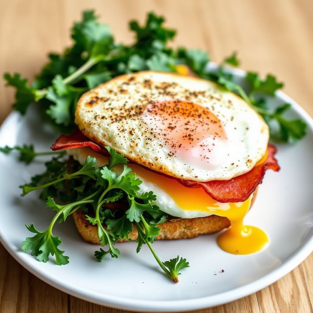 Fried Egg Sandwich med kanadisk bacon og sennepsblad