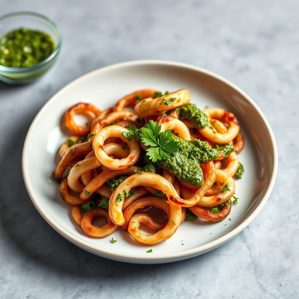 Fritert blekksprut med ansjosdressing og persillepesto