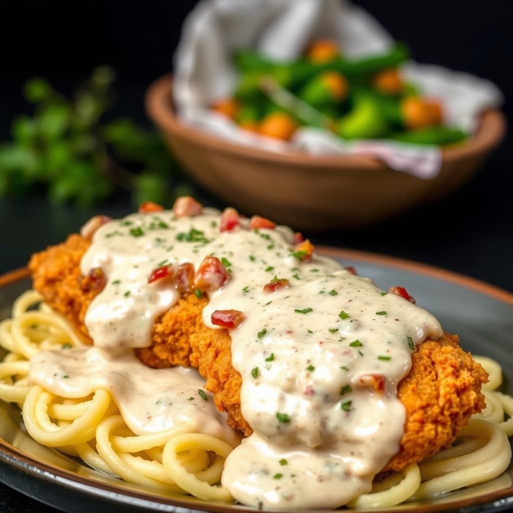 Fritert kylling med bacon og pepperkremsaus