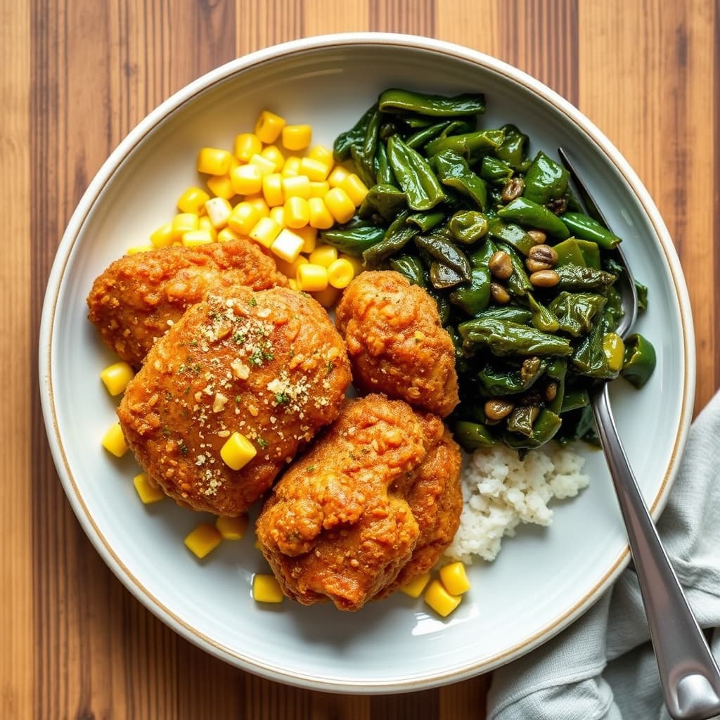 Fritert kylling med kremet mais og raske collardgrønnsaker