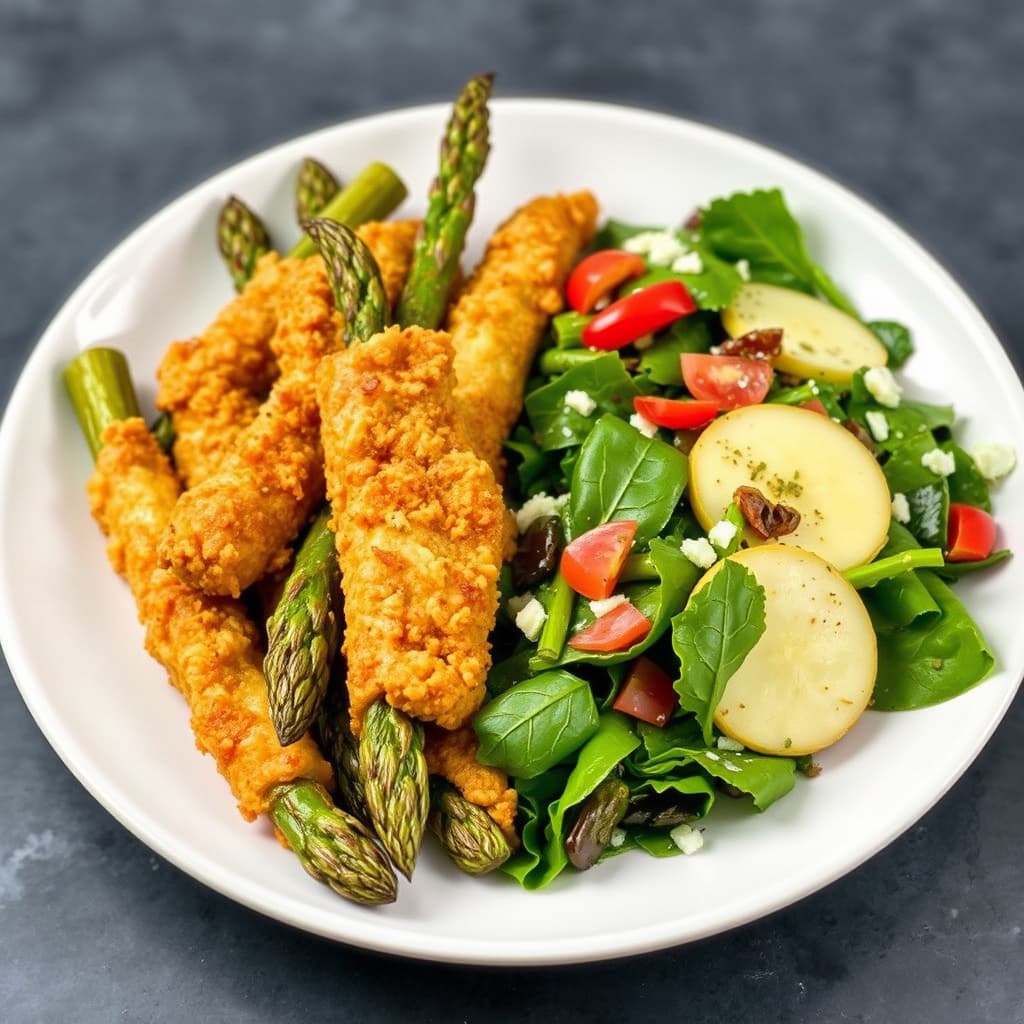 Friterte asparges og blandet grønn salat