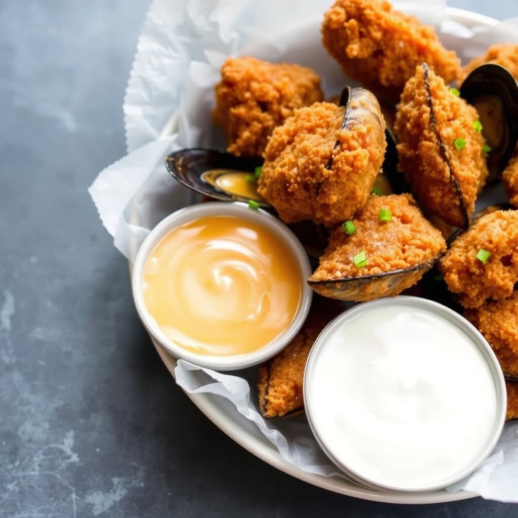 Friterte blåskjell i øl-deig med to sauser