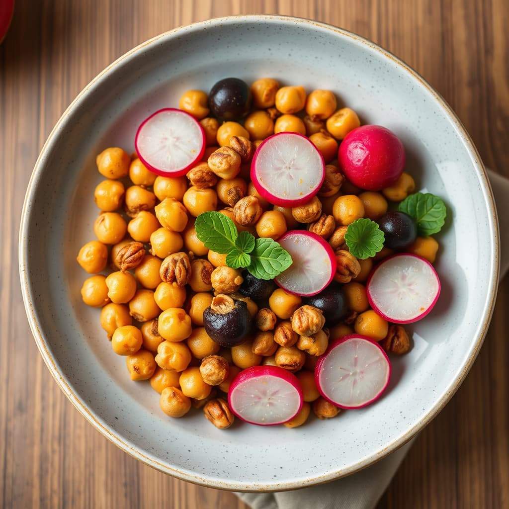 Friterte kikerter og krydrede nøtter med oliven og reddiker