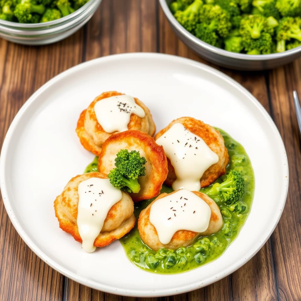 Friterte ricotta- og mozzarellakuler med broccolisaus