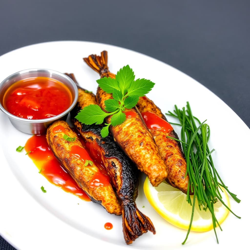 Friterte sardiner med krydret dipp og friske urter