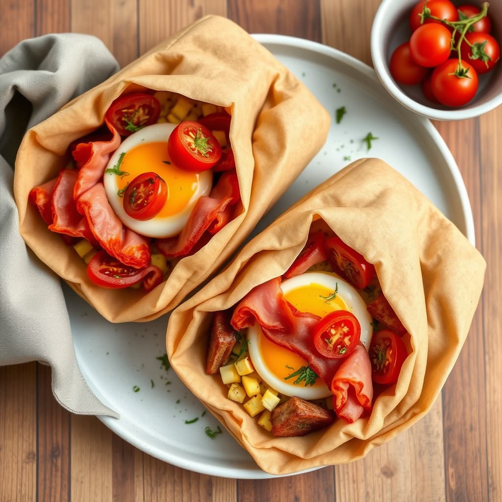 Frokost-Hobo-pakker med polenta, prosciutto og cherrytomater