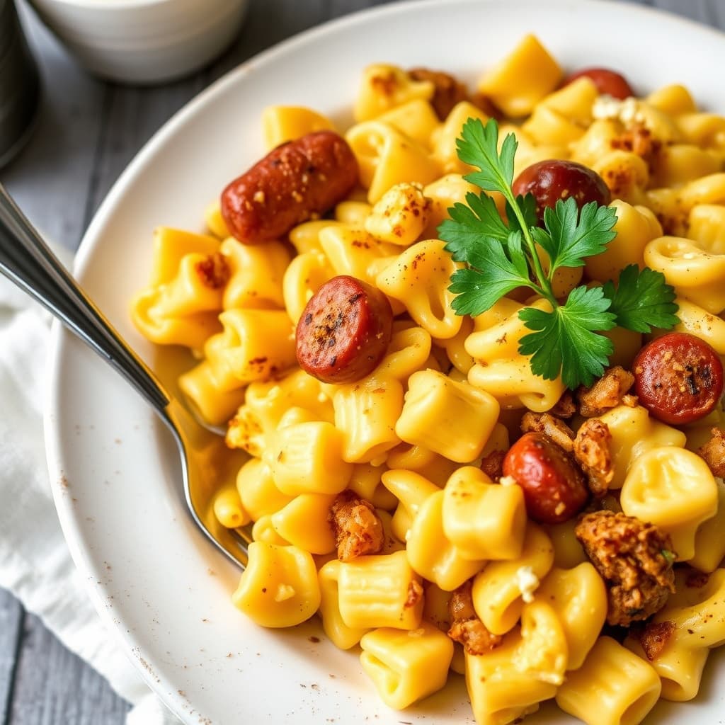 Frokostmakaroni og ost med pølse og hash browns