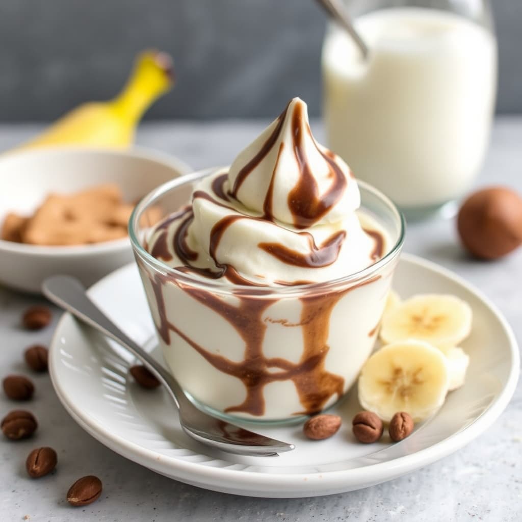 Frossen bananyogurt med peanøttsmør og sjokolade-hasselnøtt-sirup