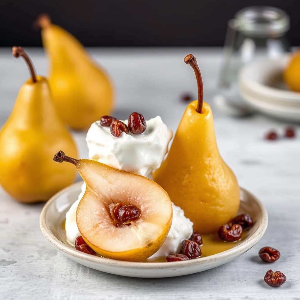 Frossen yoghurt med pocherte pærer i romsraisinsaus