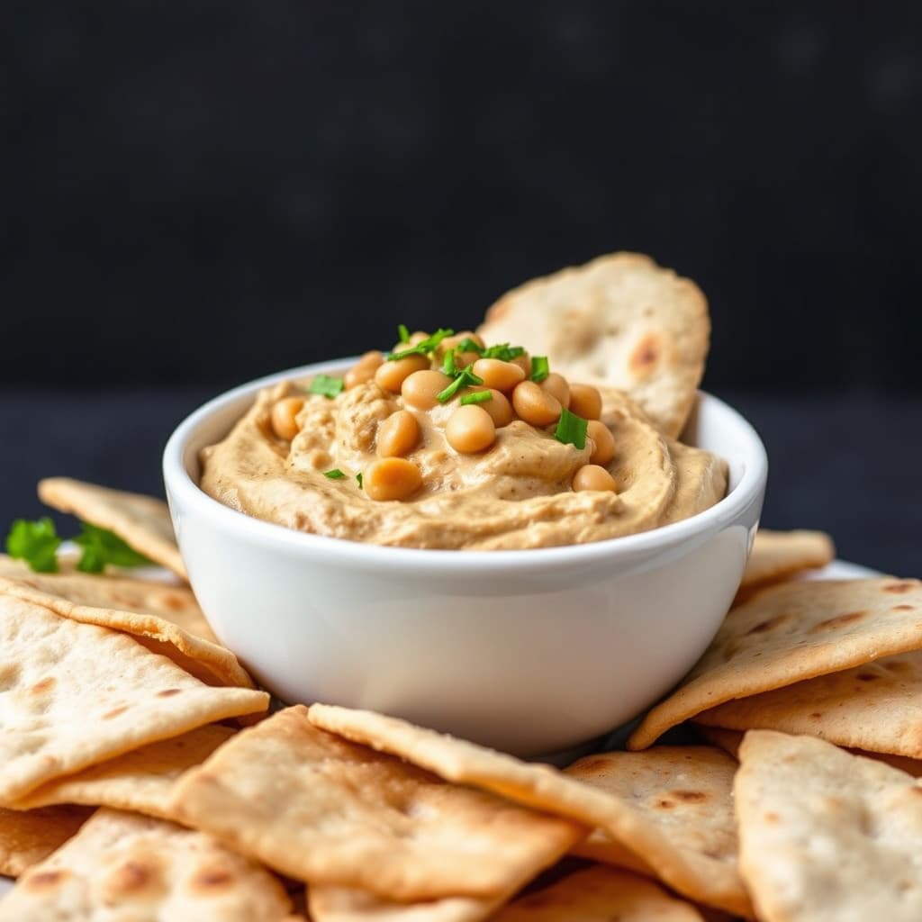 Fullkorns pita-chips med kikerter- og spisskummen-dip