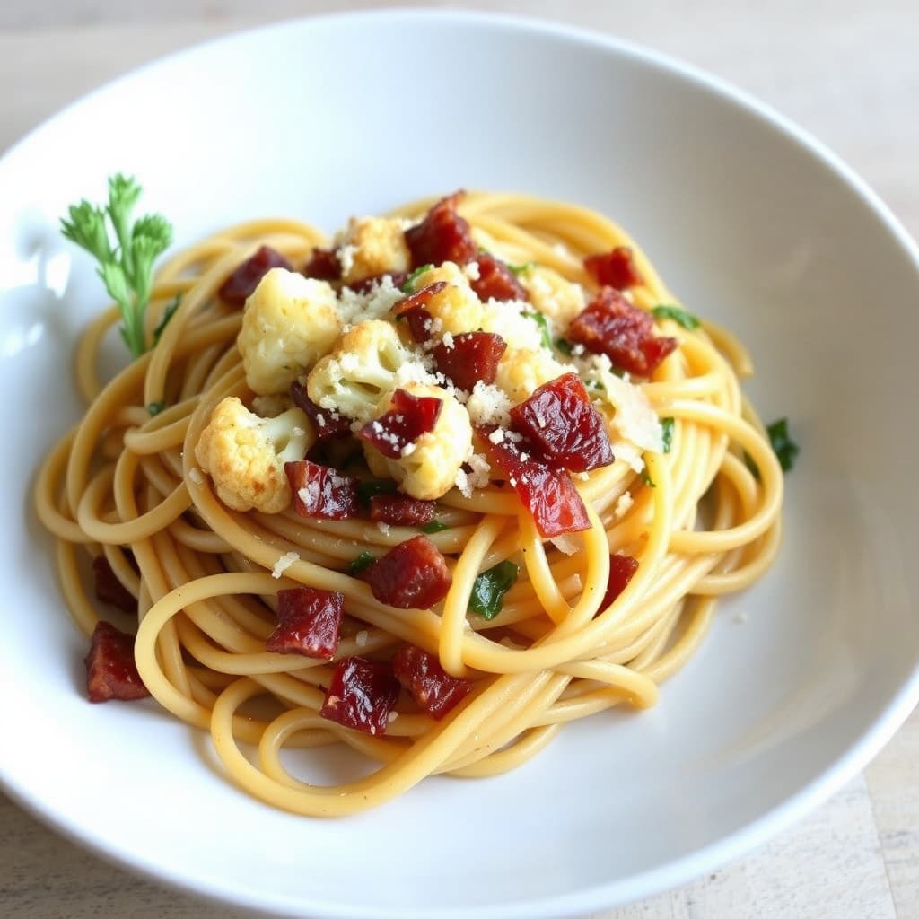 Fullkornslinguine med blomkål, pancetta og parmesan