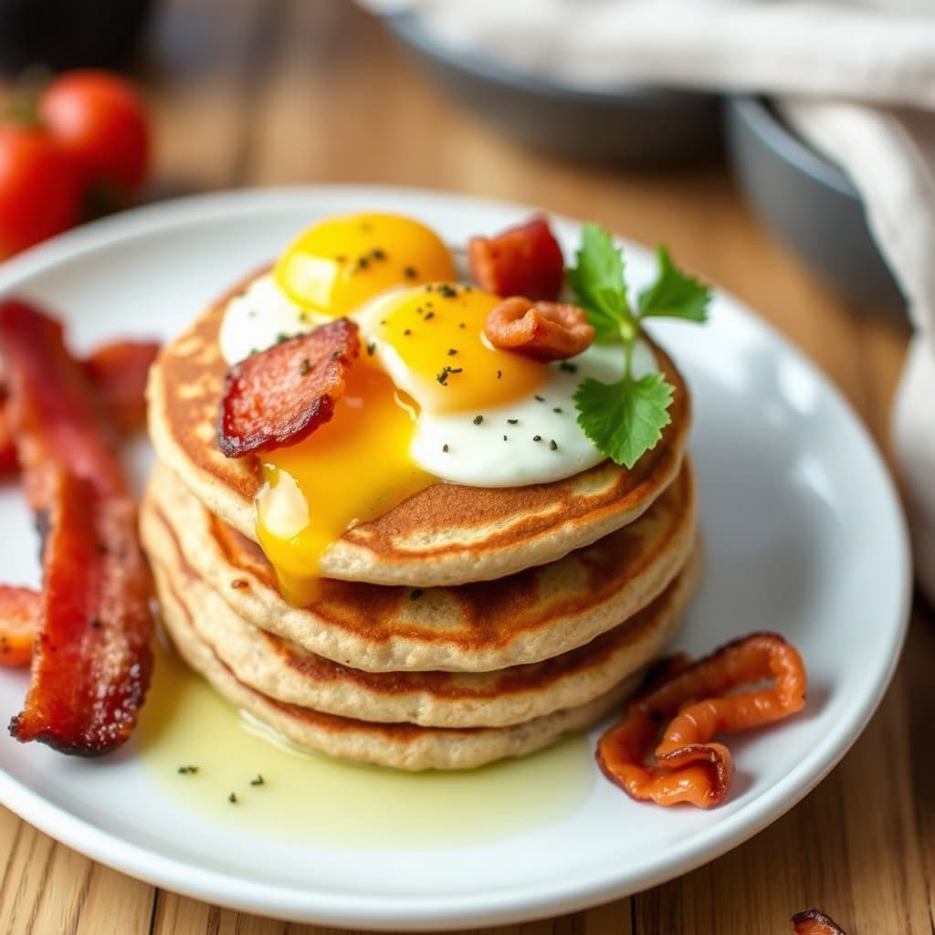 Fullkornspannekaker med egg og bacon