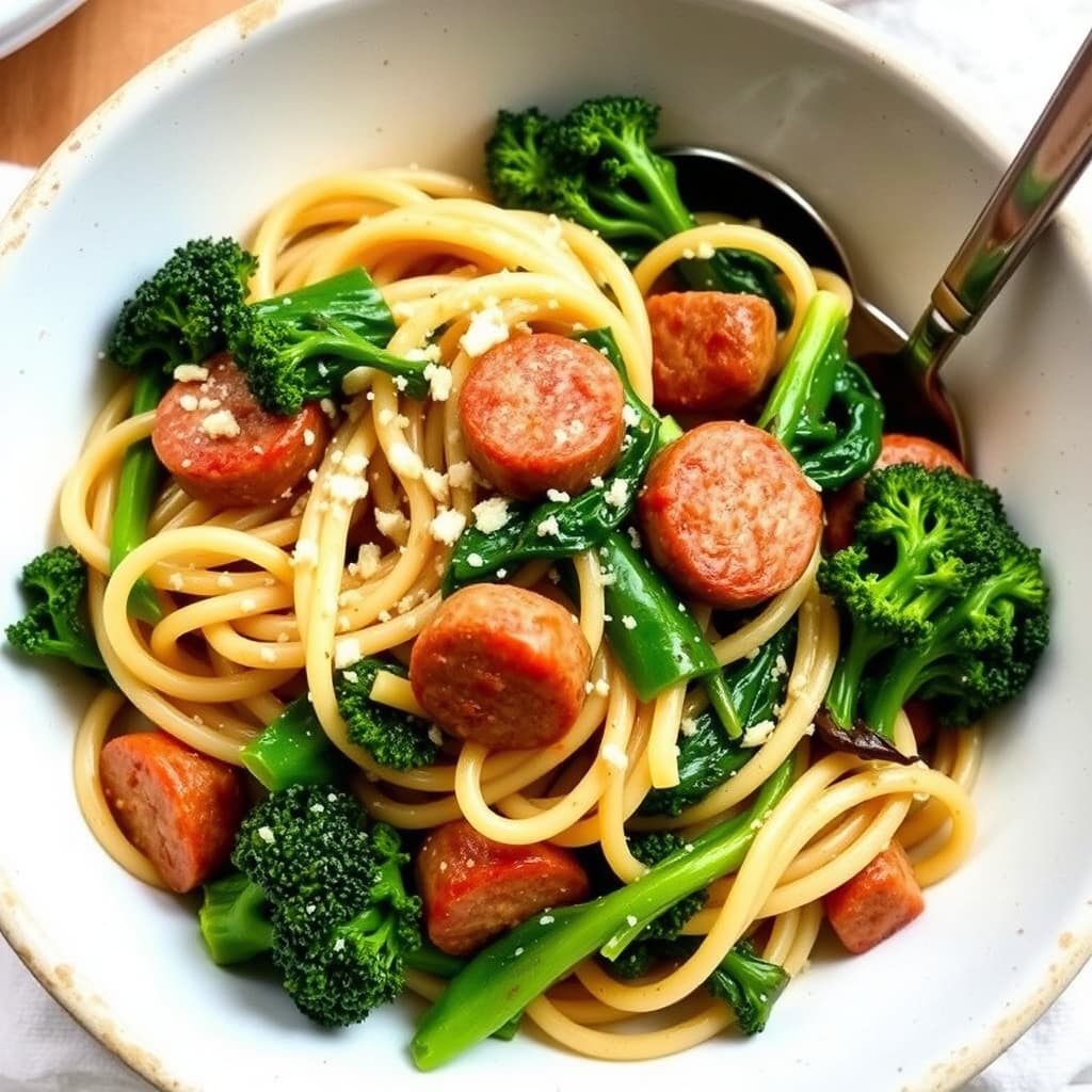 Fullkornspenne med pølse og brokkolirabi