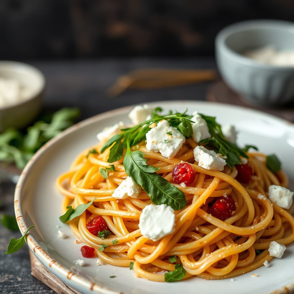 Fullkornsspaghetti med geitost og ruccola