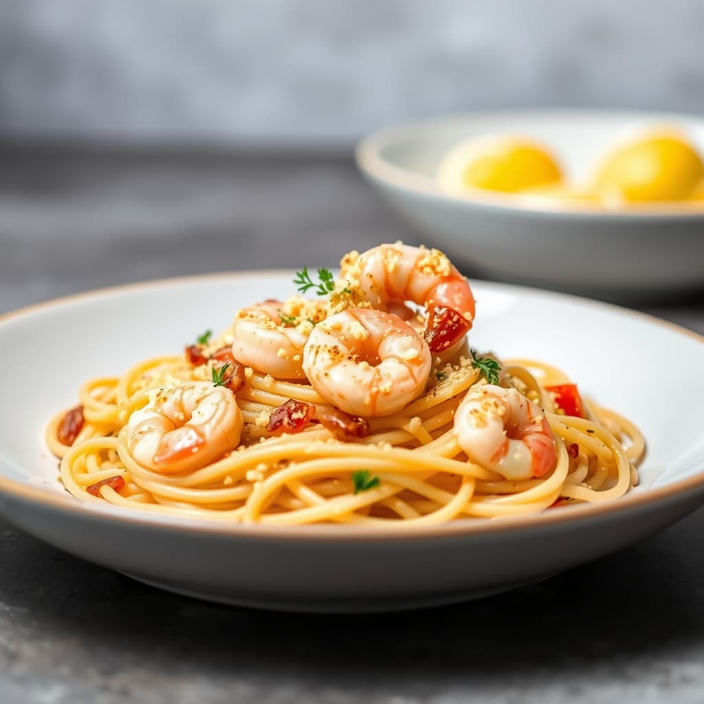 Fullkornsspaghetti med reker, pancetta og sitronbrødsmuler