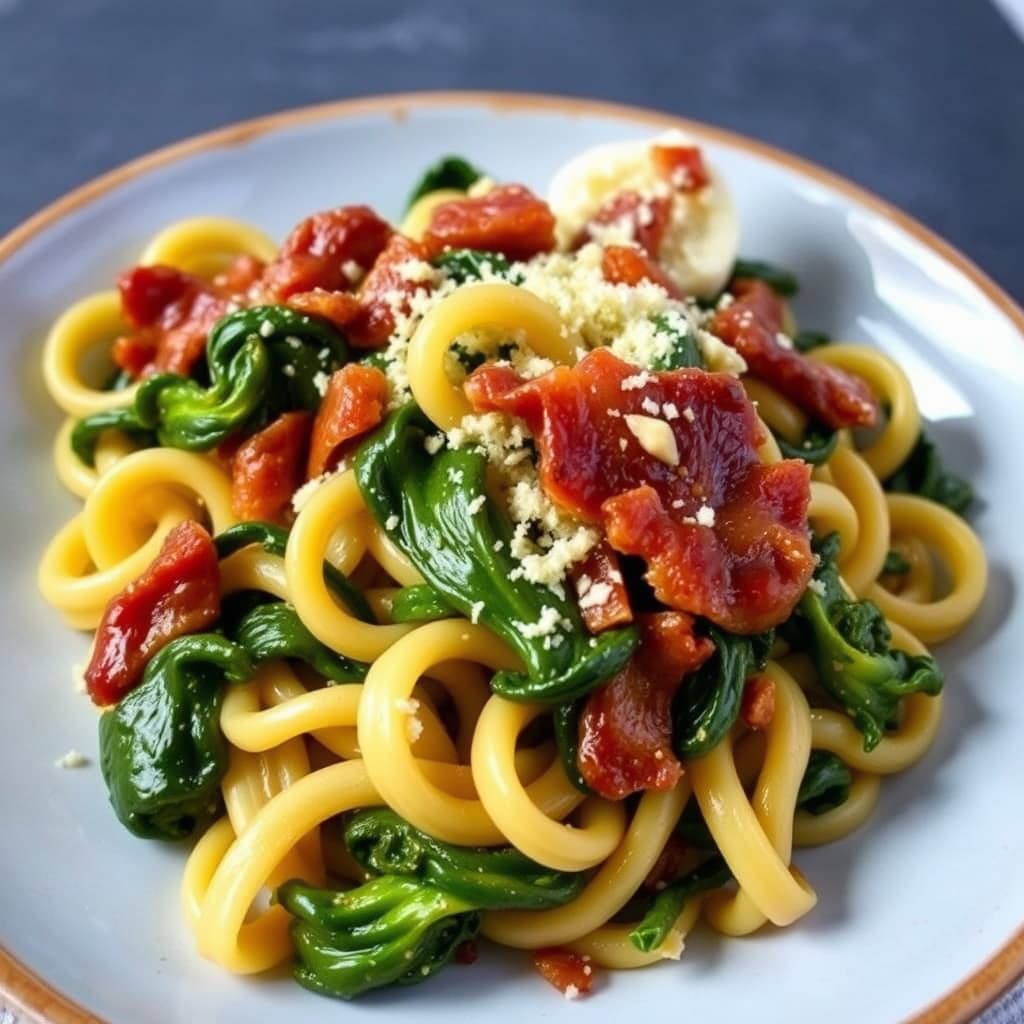 Fusilli med collard greens, bacon og hvitløk