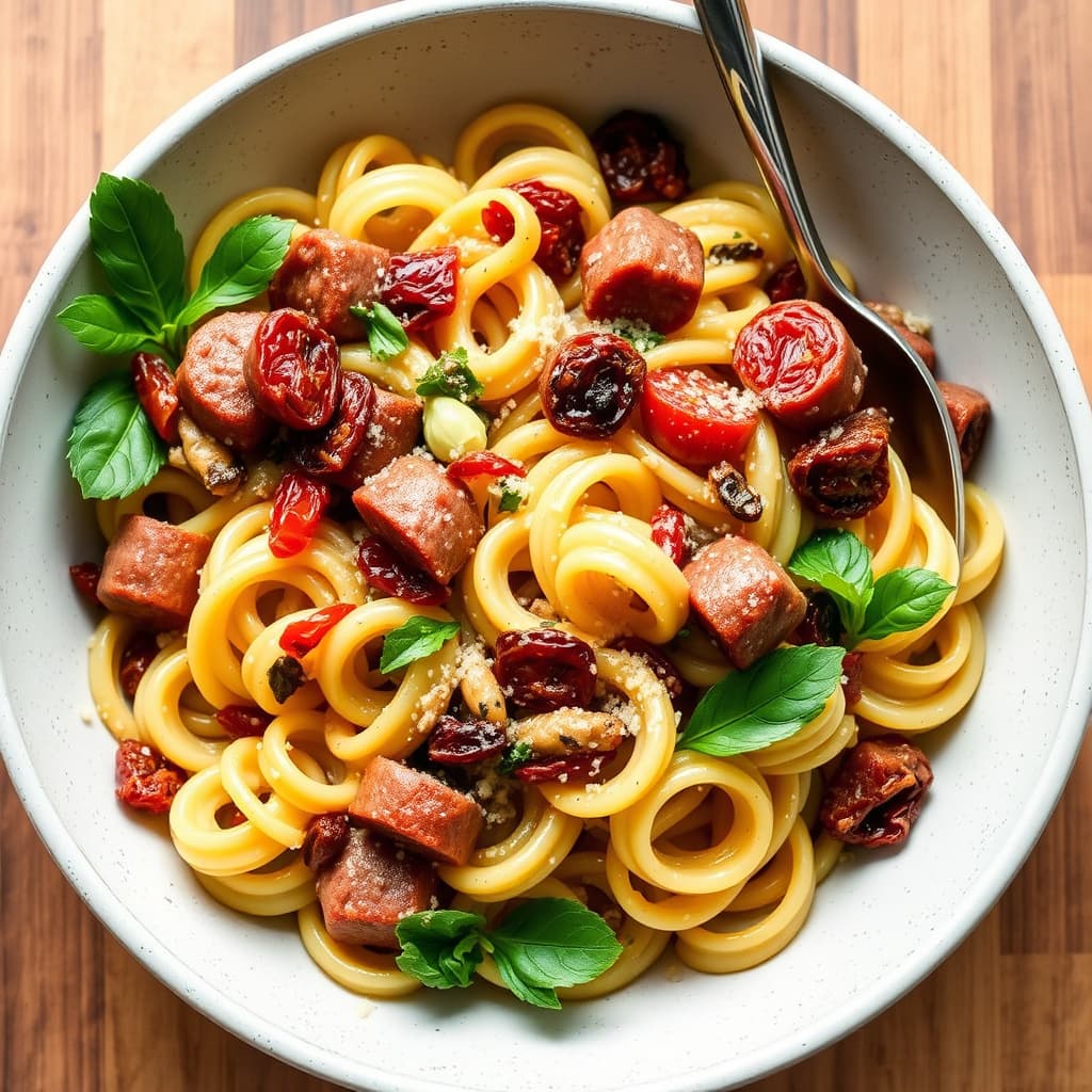 Fusilli med pølse, artisjokker og soltørkede tomater