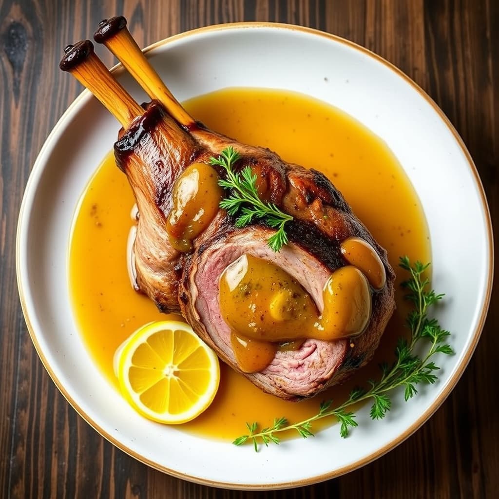 Fyllet, spikret lammelår med karamellisert sitronjus