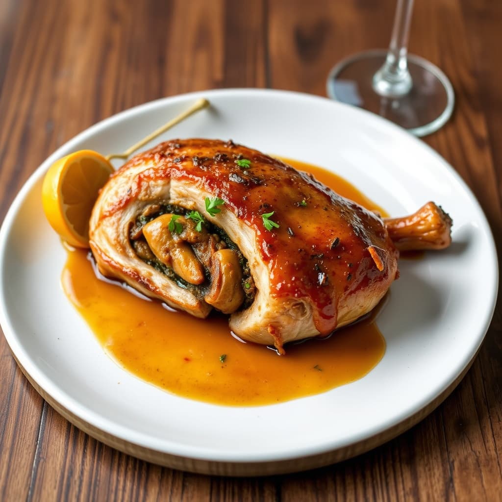 Fyllt bryst av hønsehøne karamellisert i hydromelvin